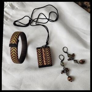Vintage Woven Wicker Bangle, Earrings Southwestern Patterned Reed Necklace●
